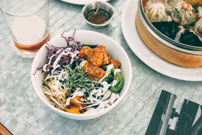 High angle view of meal served on table