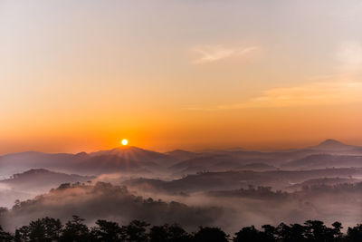 Scenic view of silhouette mountains against sky during sunset