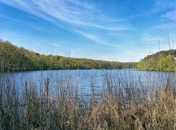 Scenic view of lake against cloudy sky