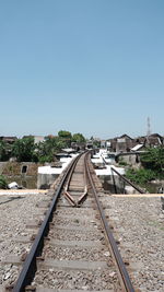 Railroad tracks against clear blue sky
