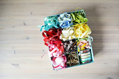 Directly above shot of ribbons on table