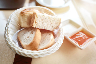 High angle view of bread in basket on table