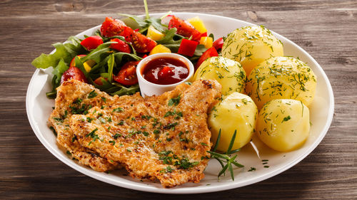 High angle view of meal served on table