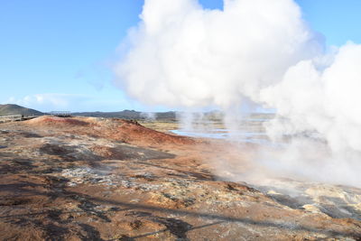 Smoke emitting from volcanic mountain against sky