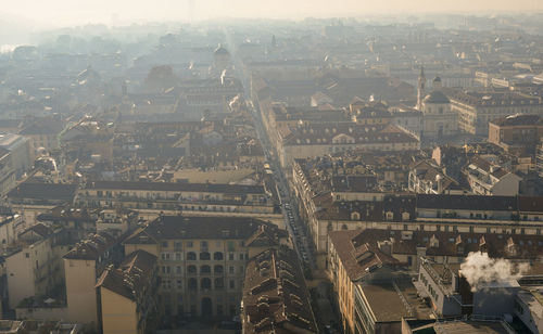 High angle view of city buildings