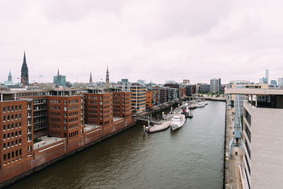 Aerial view of buildings by river against sky