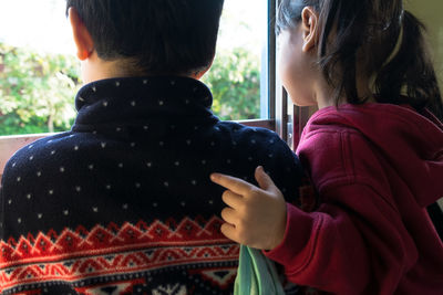 Siblings looking through window while standing at home