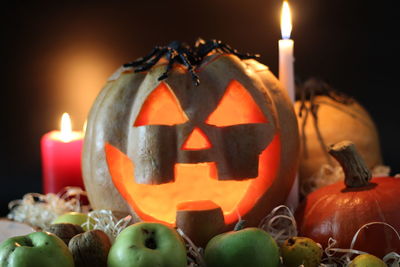 Close-up of illuminated pumpkin against black background