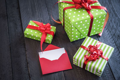 High angle view of christmas present on table