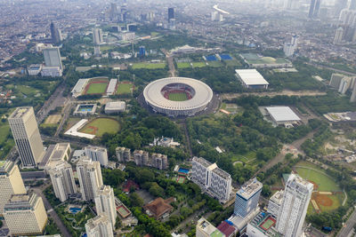 High angle view of buildings and street in city