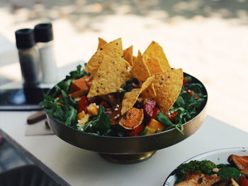 High angle view of food in plate on table