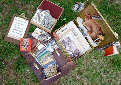 High angle view of open book on field