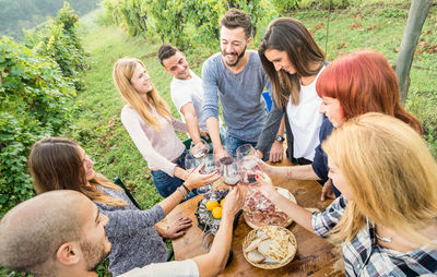 High angle view of friends raising toast while standing at vineyard