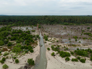 High angle view of land against sky