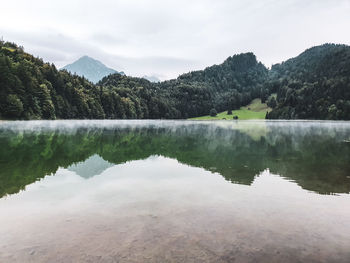 Scenic view of lake and mountains against sky