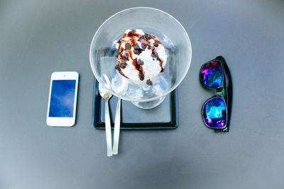 High angle view of chocolate cake on table