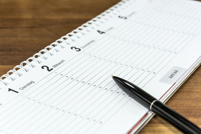 High angle view of pen on table