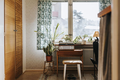 Audio equipment kept on table by plants near window at home