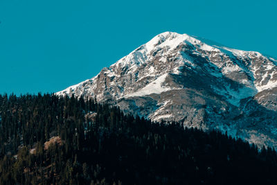 Scenic view of snowcapped mountains against clear blue sky