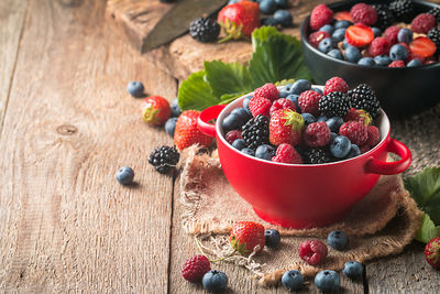 High angle view of fruits in bowl on table