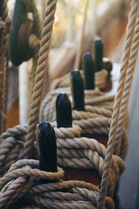 Close-up of rope tied on cleat