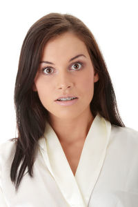 Portrait of a beautiful young woman over white background