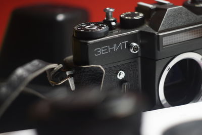 Close-up of camera on table