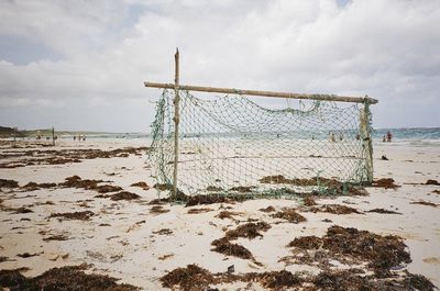 Homemade soccer goal on beach in mexico 