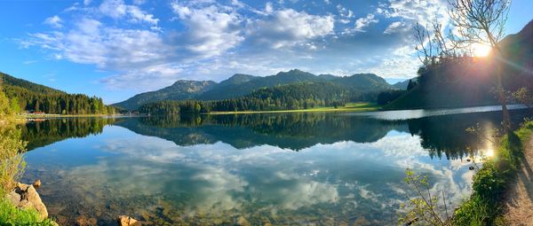 Panoramic view of lake and mountains against sky