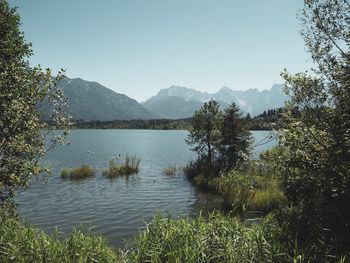 Scenic view of lake and mountains against clear sky