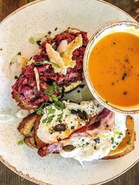 High angle view of breakfast served on table