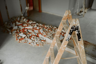 Ladder and debris at home construction site. home renovation