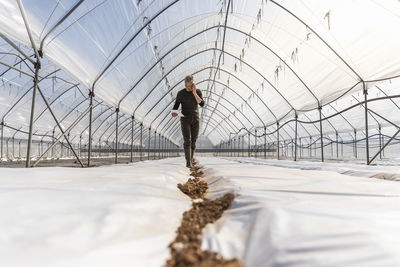 Male farmer talking on phone while using digital tablet in greenhouse