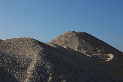 Low angle view of arid landscape against clear blue sky