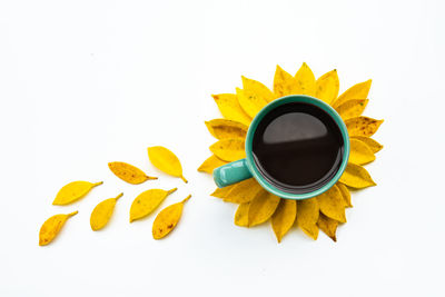 High angle view of drink on table against white background