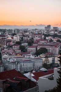 High angle view of townscape against sky during sunset