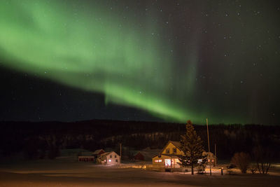 Houses against aurora borealis at night during winter