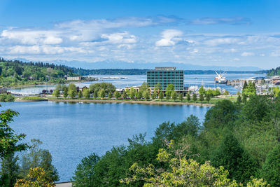 A view of the port of olympia on a spring day.