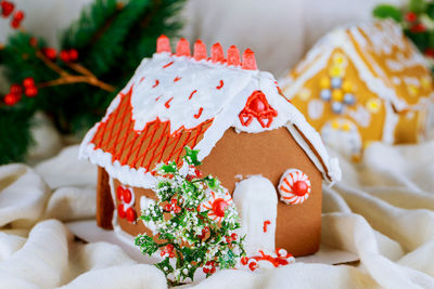 Close-up of christmas decorations made by dessert