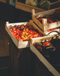 High angle view of fruits in crate at market