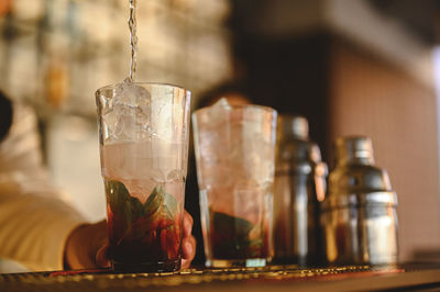 Close-up of beer glass on table