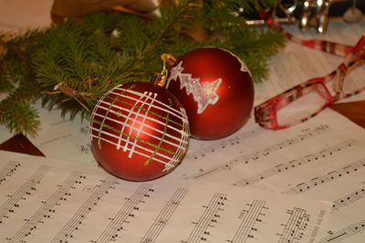 Close-up of christmas decoration on sheet music