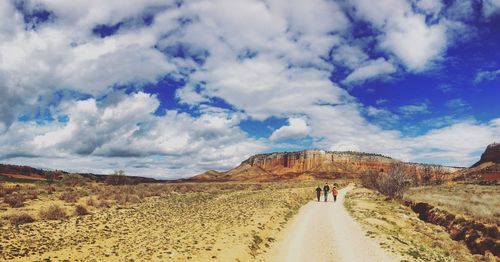 People walking on footpath amidst landscape against sky