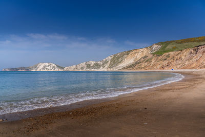 Scenic view of sea against blue sky