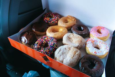 Close-up of donuts in box