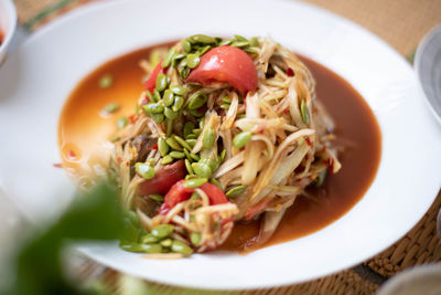 Close-up of pasta served in plate