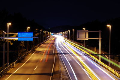 Light trails on road at night