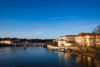 Bridge over river by buildings in city against sky