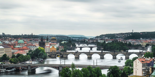 High angle view of bridges over vltava river against cloudy sky