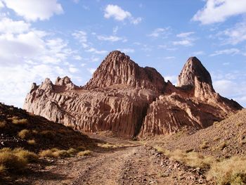 Rock formations on landscape against sky